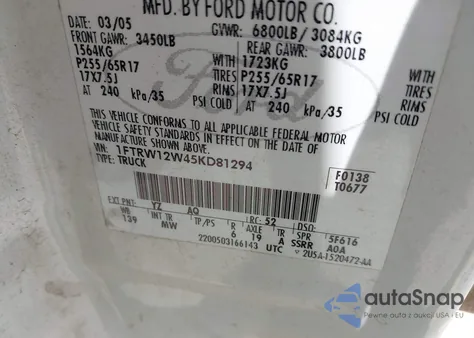 2005 Ford F-150 Xlt z USA, uszkodzony, nr VIN 1FTRW12W45KD81294